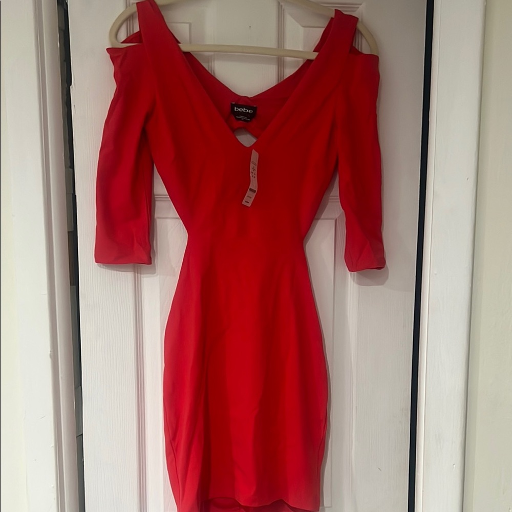 bebe coral open shoulder open back Bodycon Mini Dress Size Small